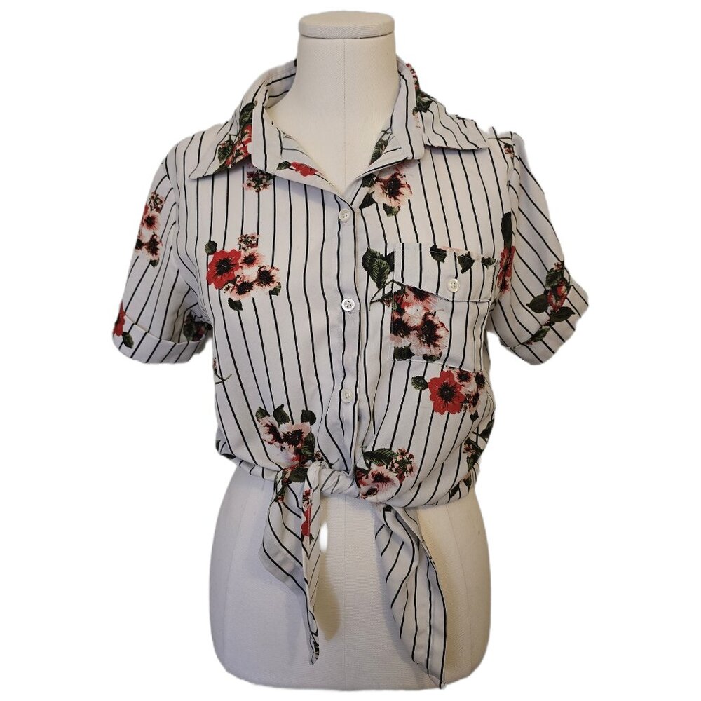 Black & White Floral Striped Tie Front Button Up Top Blouse Pinstripe Boho M
